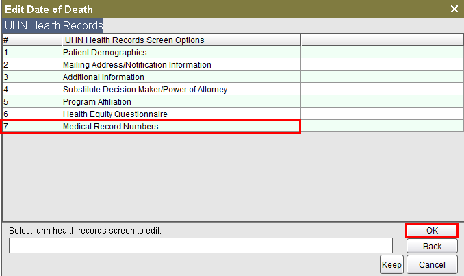 7th screen Medical Records Numbers