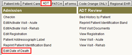 ADT tab and Edit Date of Death