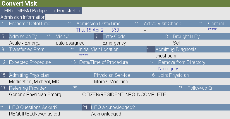 Admission Information screen