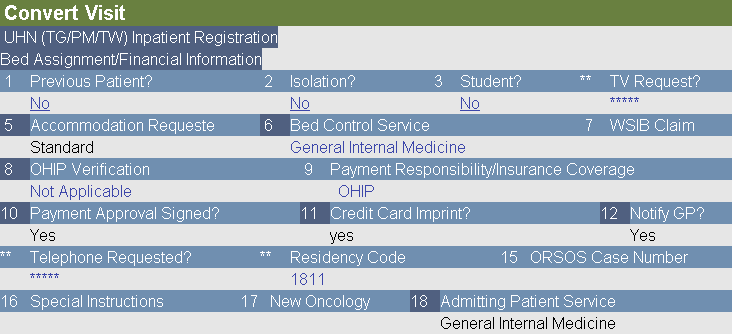 Bed Assignment and Financial Information Screen