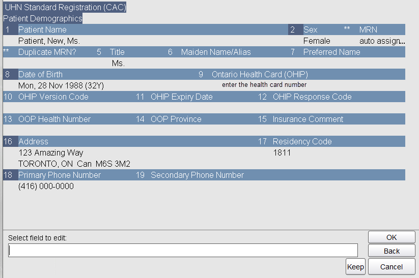 CAC Patient Demographics screen