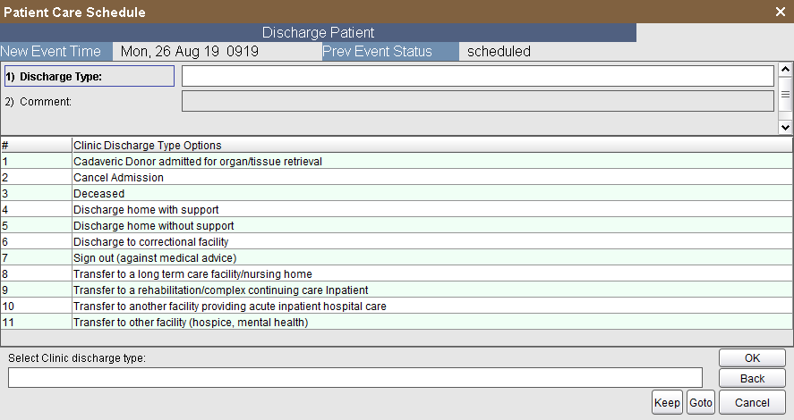 Clinic Discharge Type Options