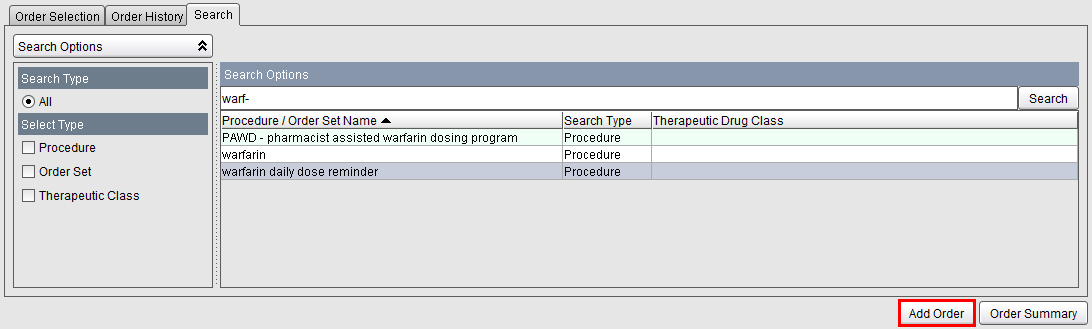 Search tab - warfarin daily dose reminder selected