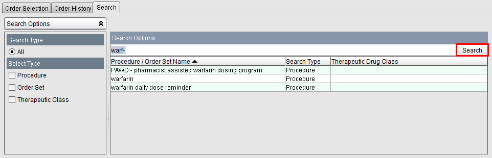 Search tab - warfarin