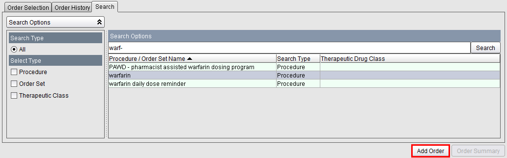 Add Order button - warfarin