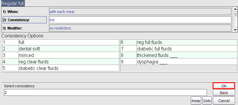 Diet Order Profile options