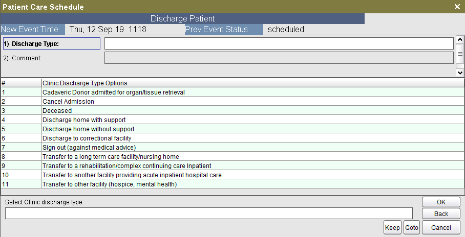 Clinic Discharge Type Options