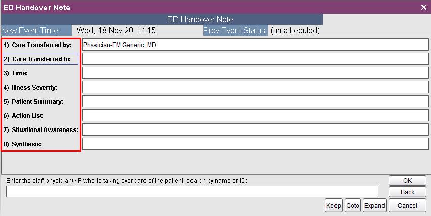 ED Handover Note fields
