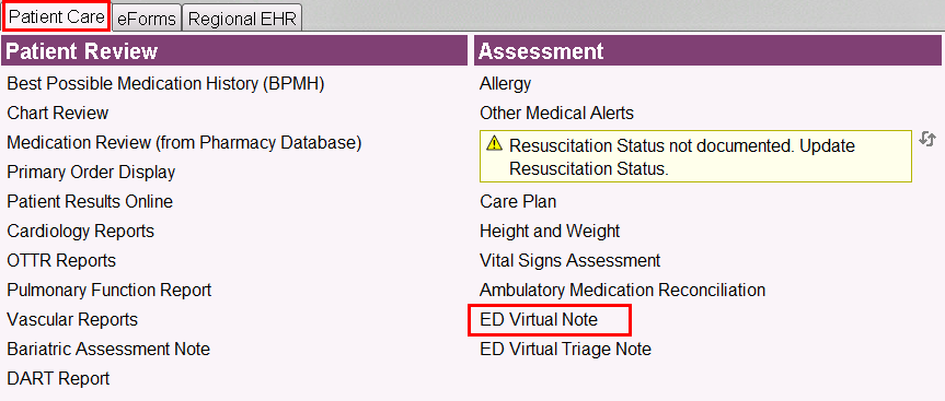 ED Virtual Note Link