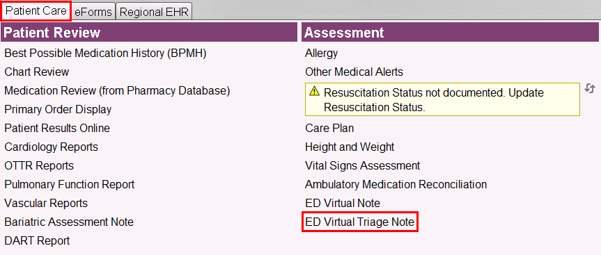 ED Virtual Triage Note Link