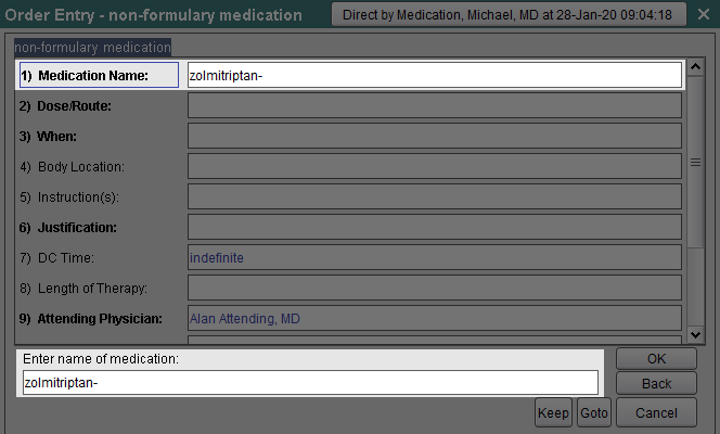 Enter medication name and click OK