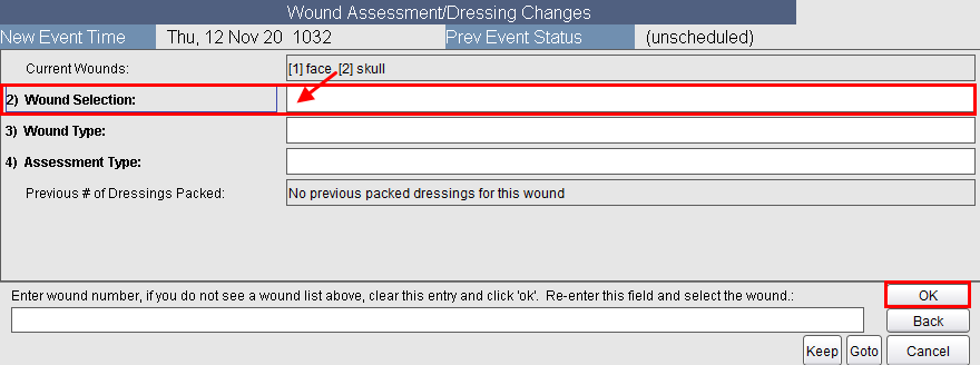 Enter wound number in Wound Selection field