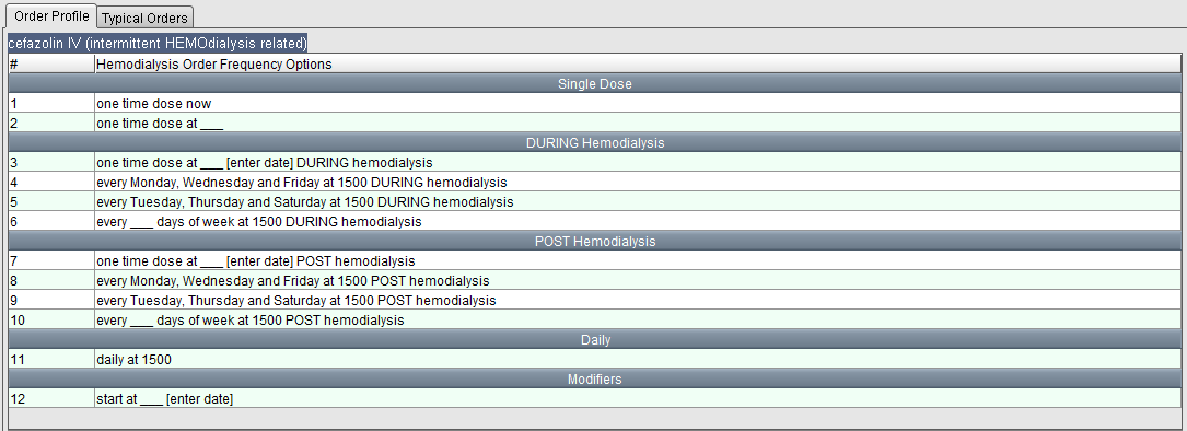 Hemodialysis Order Frequency Options