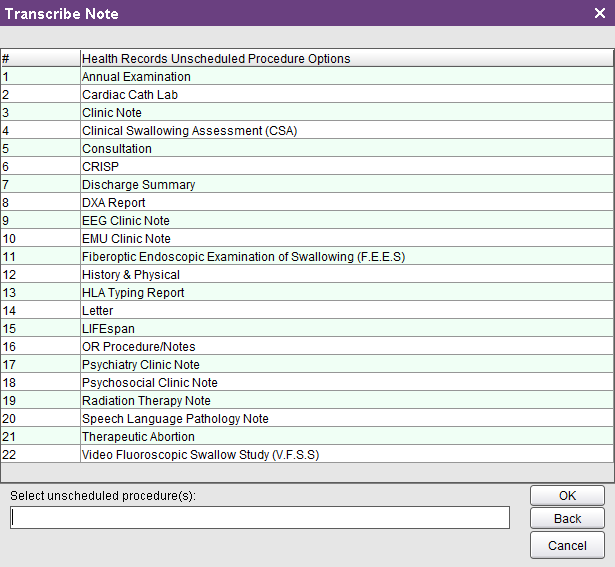 List of Unscheduled Procedures