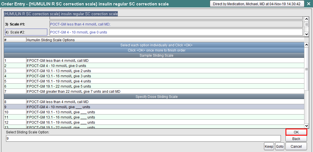 Confirm selected sliding scale option