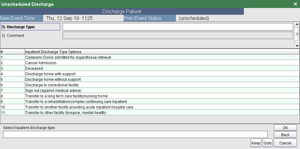 Inpatient Discharge Type Options