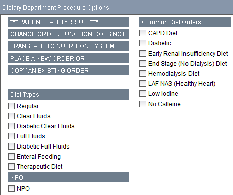 List of Diet Options as seen in EPR