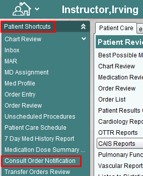Patient Shortcuts - Consult Order Notification