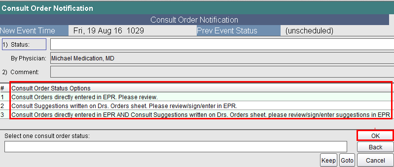 Consult Order Status Options