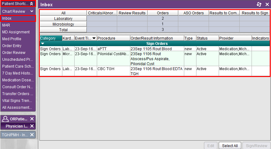 Patient Shortcut - Inbox