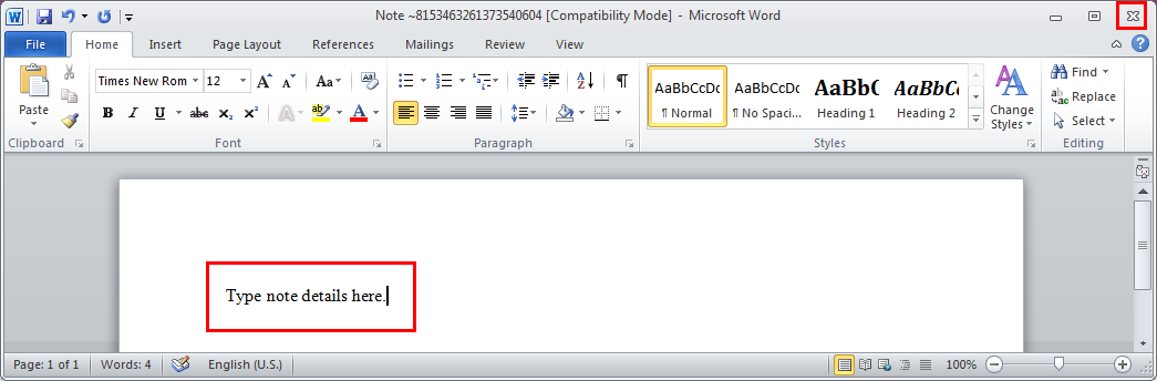 Microsoft Word opens where you can type note details