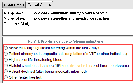 No VTE Prophylaxis Indicated option