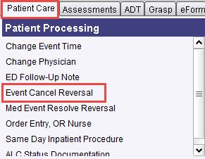Patient Care tab - Event Cancel Reversal