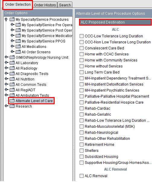 Order Selection tab - Alternate Level of Care folder