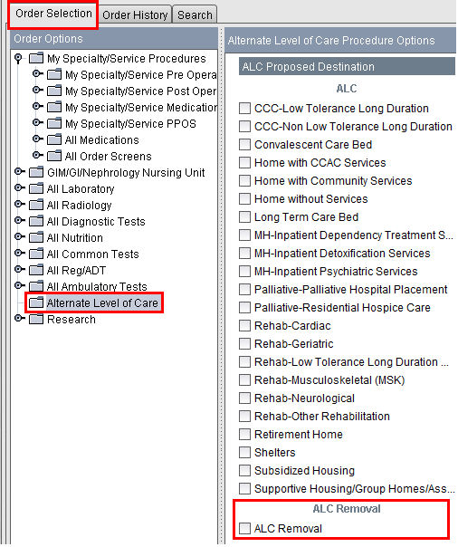 Order Selection tab - Alternate Level of Care folder
