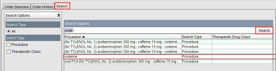 Search tab - codeine
