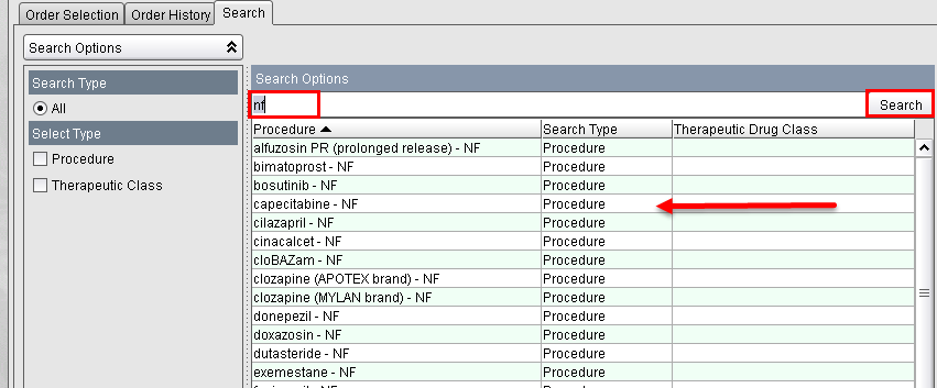 Search tab - nf procedure results