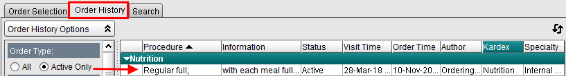 Order History with listed diet
