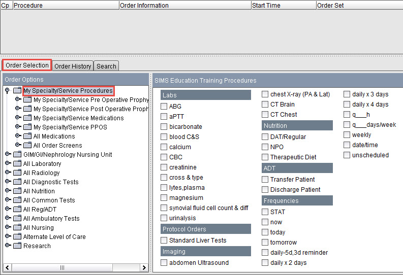 Order Selection tab