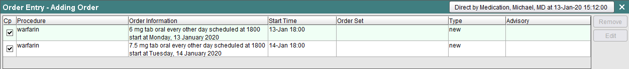 Order Preview of both Warfarin orders