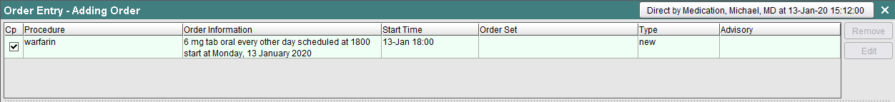 Order Preview area - warfarin