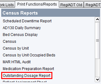 Print Functions/Reports tab - Outstanding Dosage Report