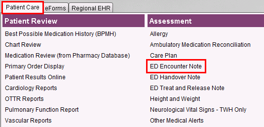Patient Care tab and ED Encounter Note