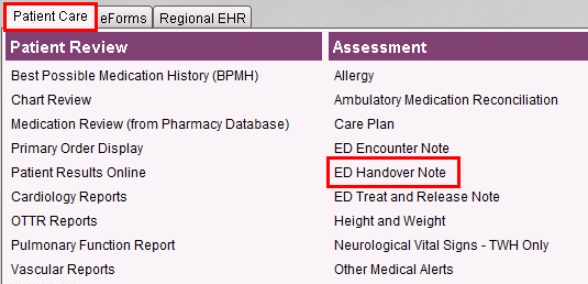 Patient Care tab and ED Handover Note
