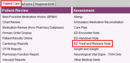Patient Care tab and ED Treat and Release Note
