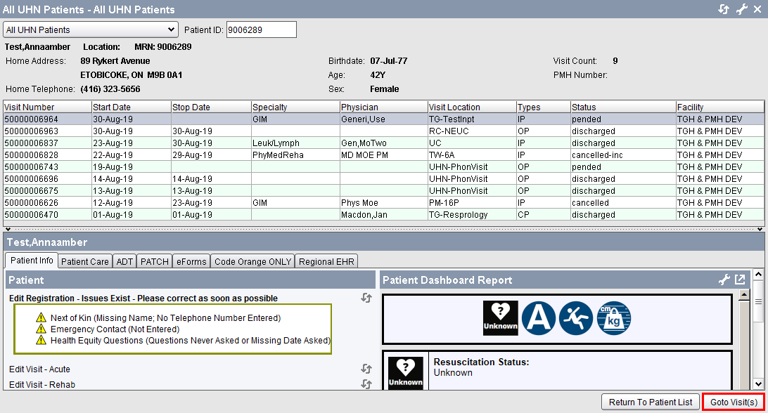 List of Patient's visits - pended visit selected