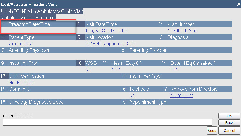 Preadmit Date/Time field Preadmit Date/Time field