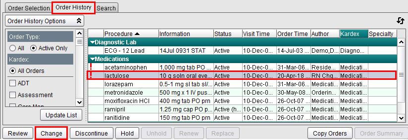 Order History tab - lactulose selected to Change