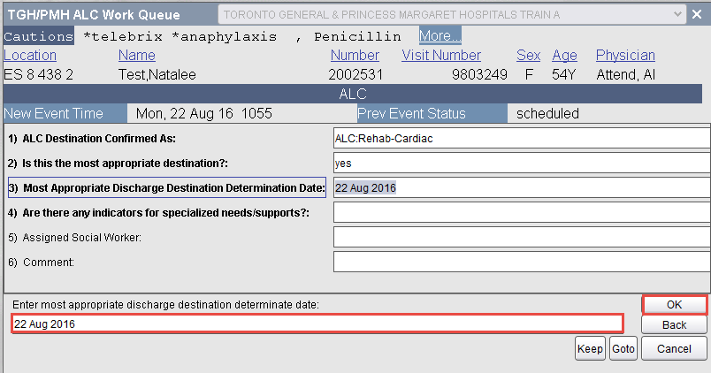 Most Appropriate Discharge Destination Date field