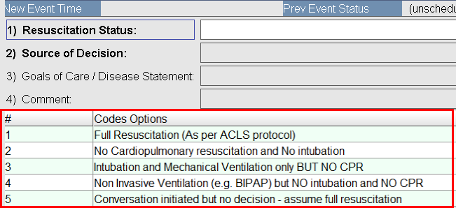 Resuscitation Status Codes options
