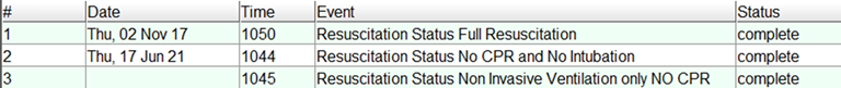 Resuscitation Status options in chart review