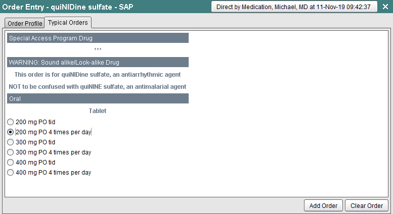 Typical Orders tab - quiNIDine