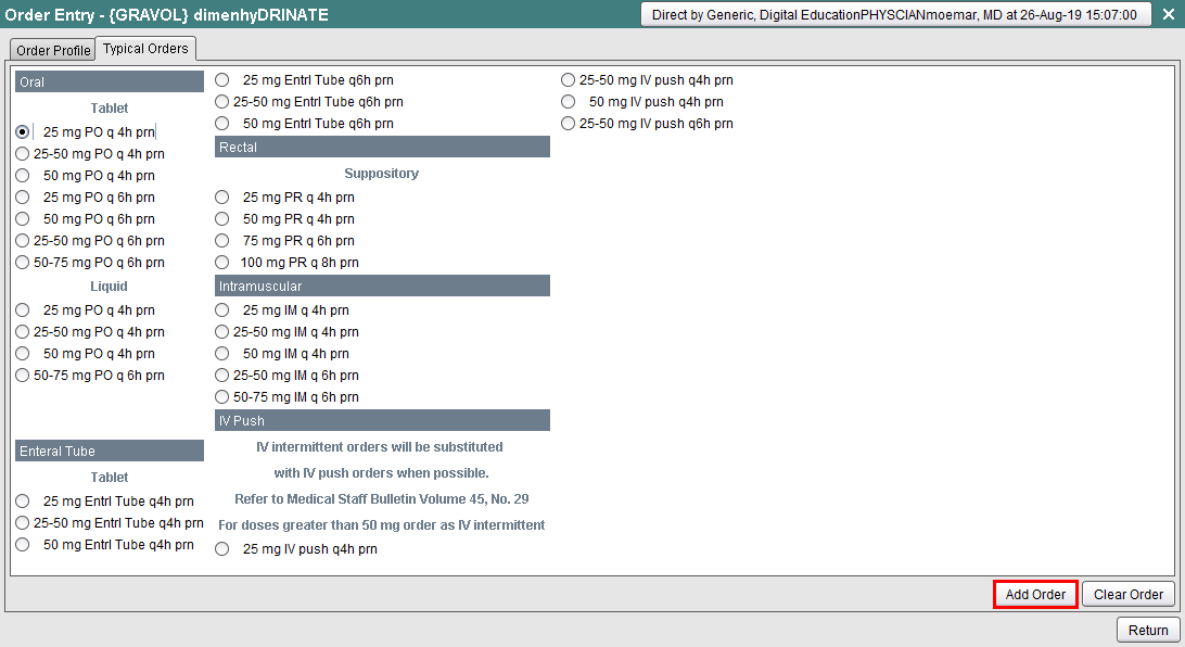 Typical Orders tab