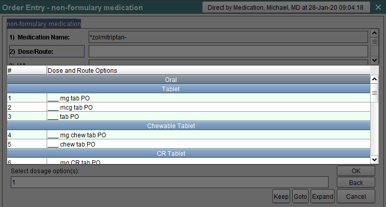 Select Dose and Route options and click ok