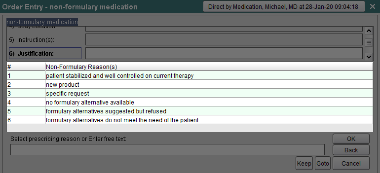 Select Non-Formulary justification reason and click OK