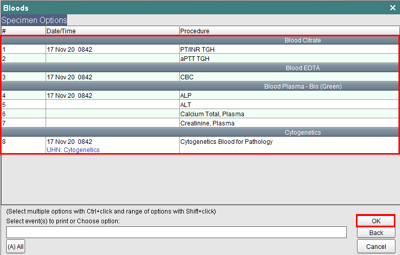 Select Specimen options and click OK